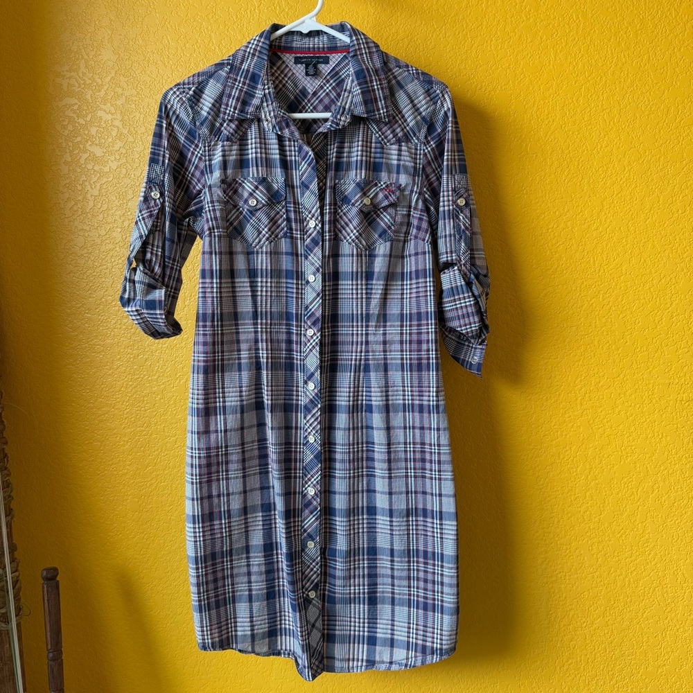 Tommy Hilfiger 100% cotton plaid western snap long sleeve front shirt dress
